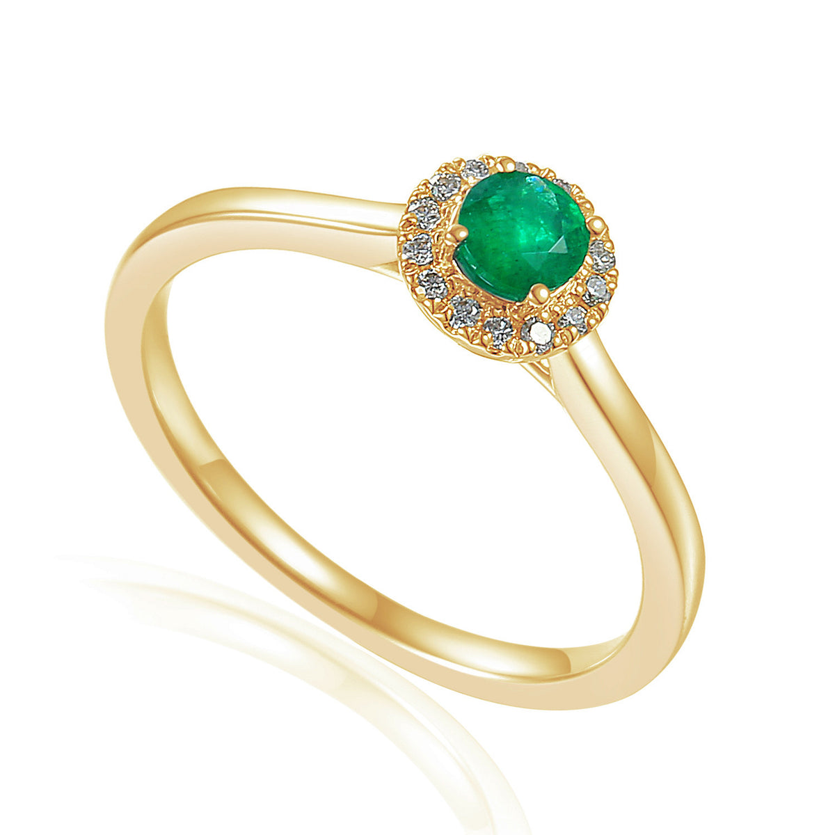 Emerald and diamond round halo ring in 18k yellow gold