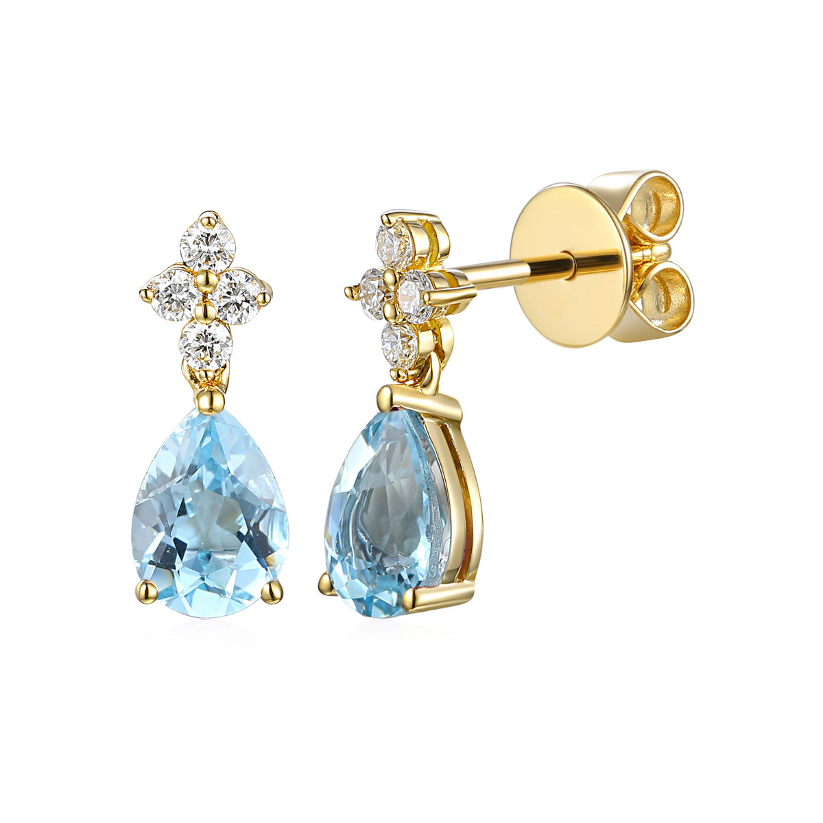 Aquamarine and diamond pear drop earrings in 18k yellow gold