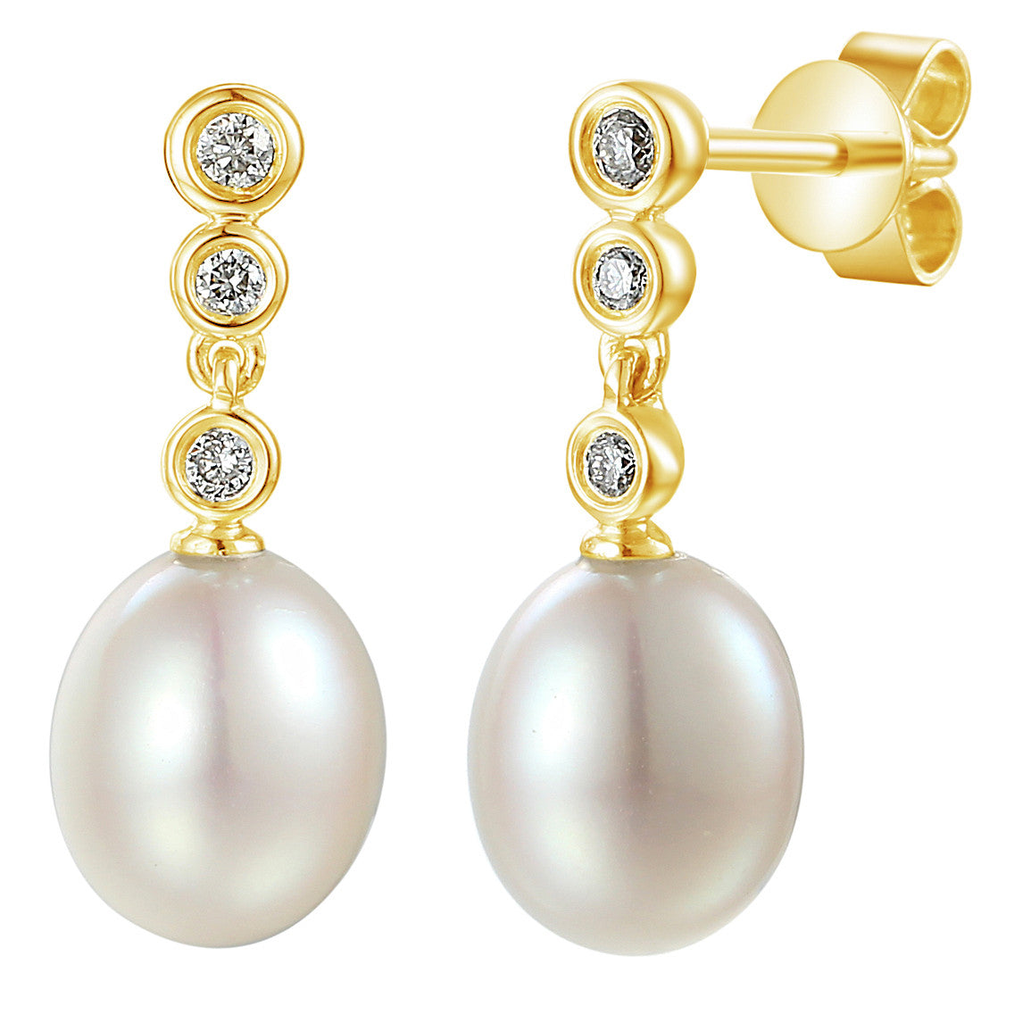 Oval pearl and diamond drop earrings in 18k yellow gold