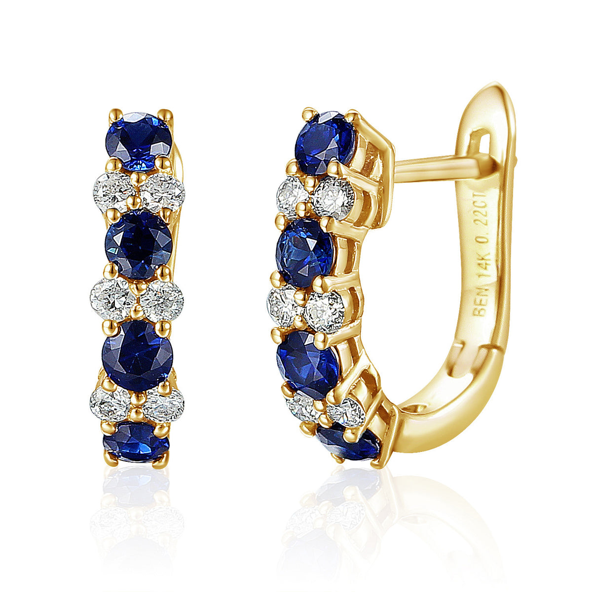 Blue sapphire and diamond hoop earrings in 18k yellow gold