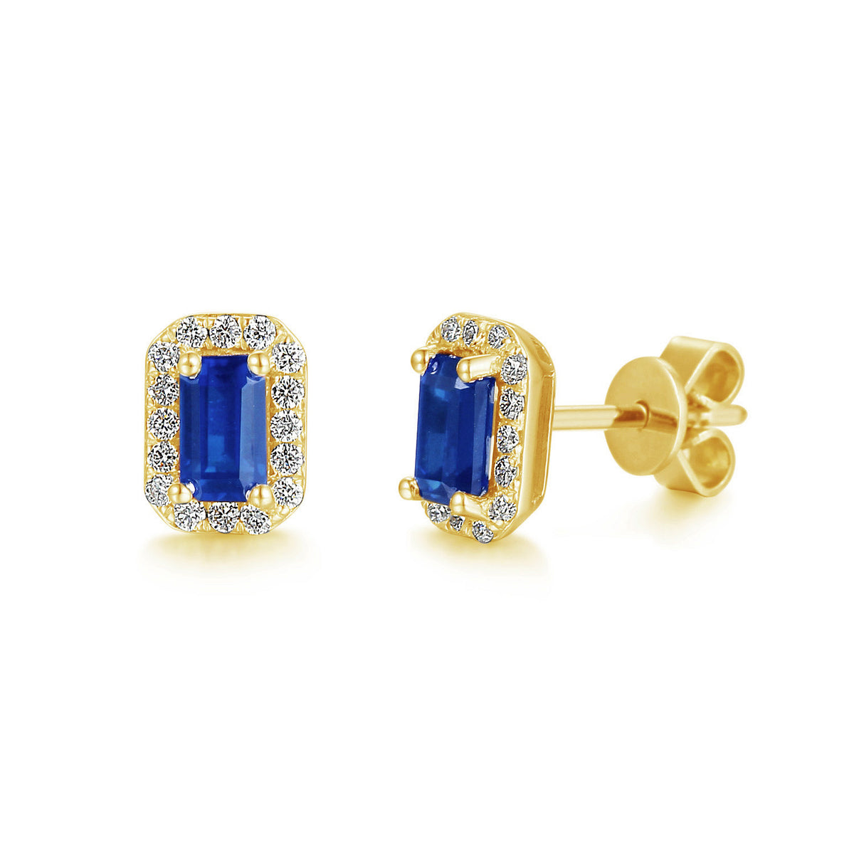 Emerald cut blue sapphire and diamond halo earrings in 18k yellow gold