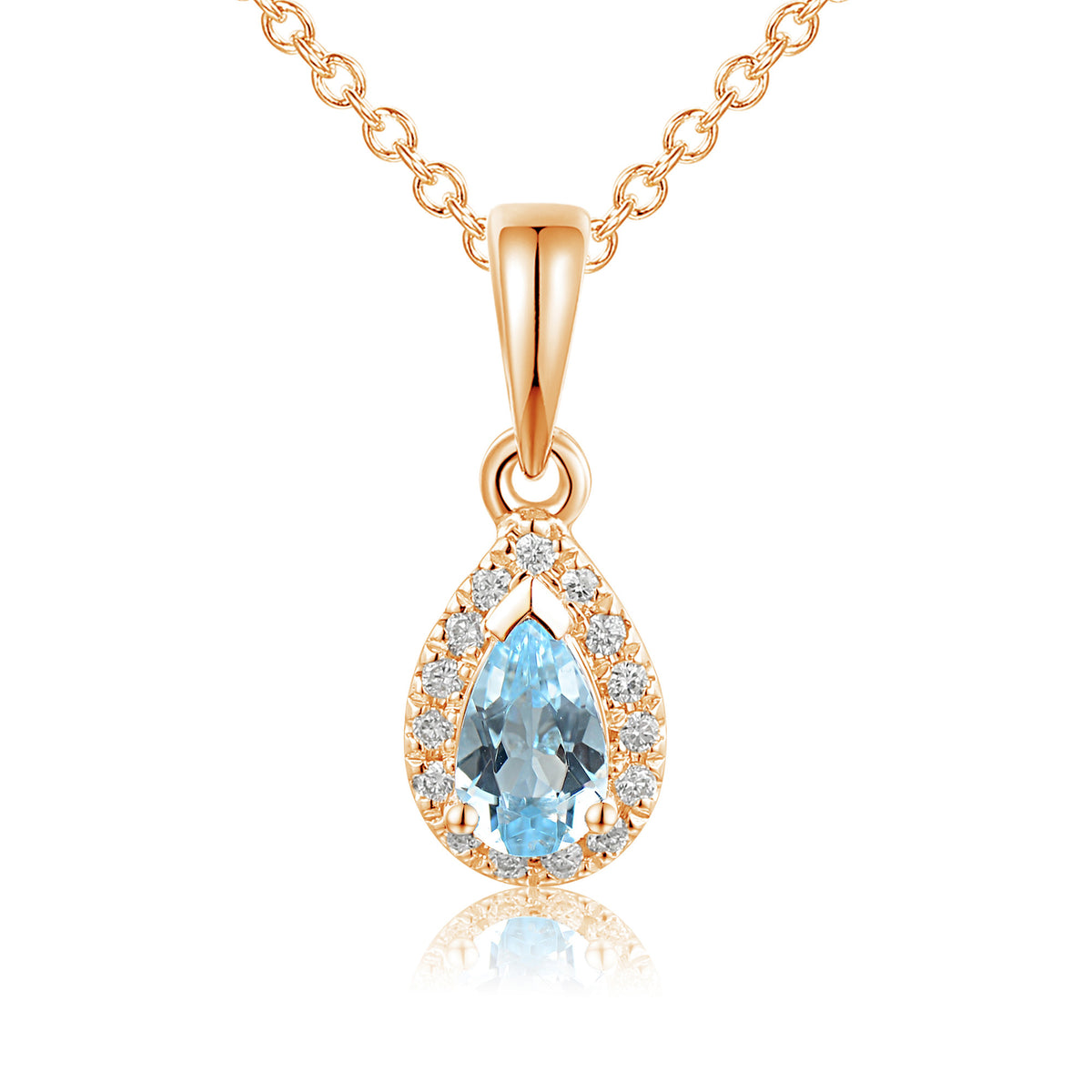 Pear aquamarine and diamond halo pendant and chain in 18k rose gold