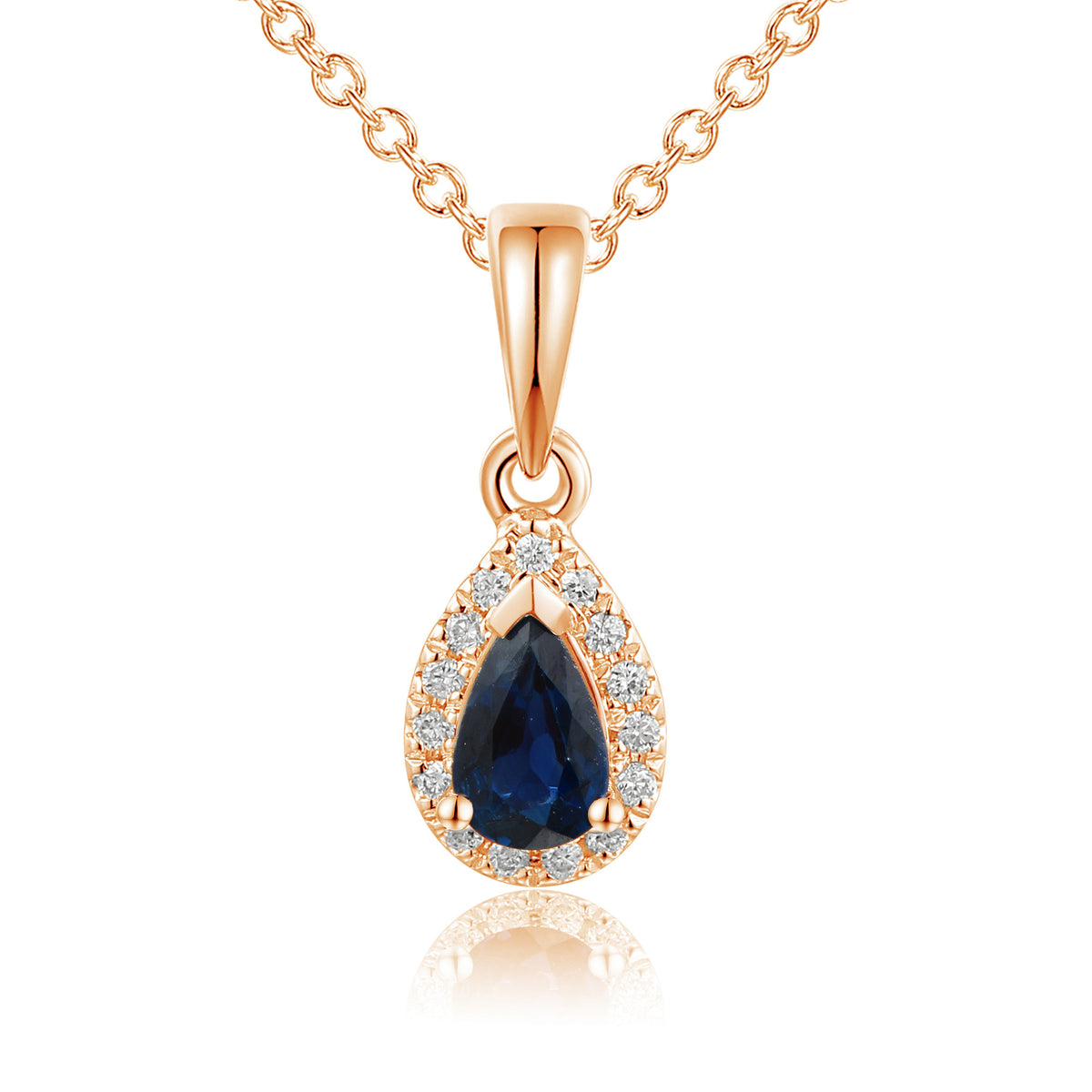 Pear blue sapphire and diamond halo pendant and chain in 18k rose gold