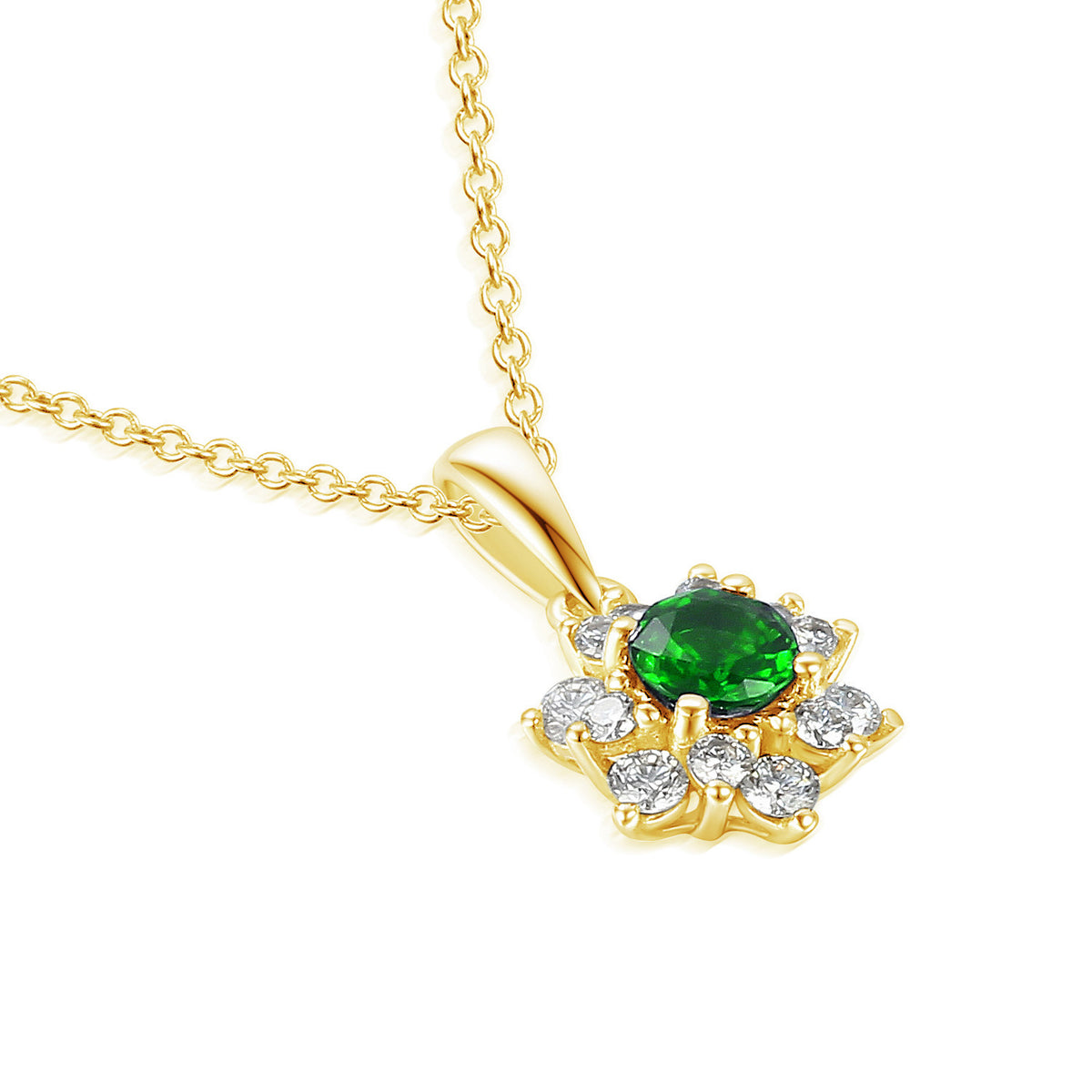 Round emerald and diamond cluster pendant and chain in 18k yellow gold