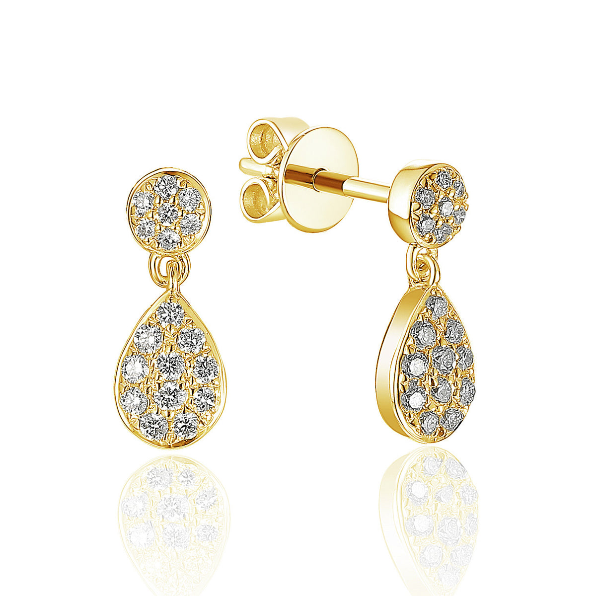 Pavé diamond pear drop earrings 0.22ct in 18k yellow gold