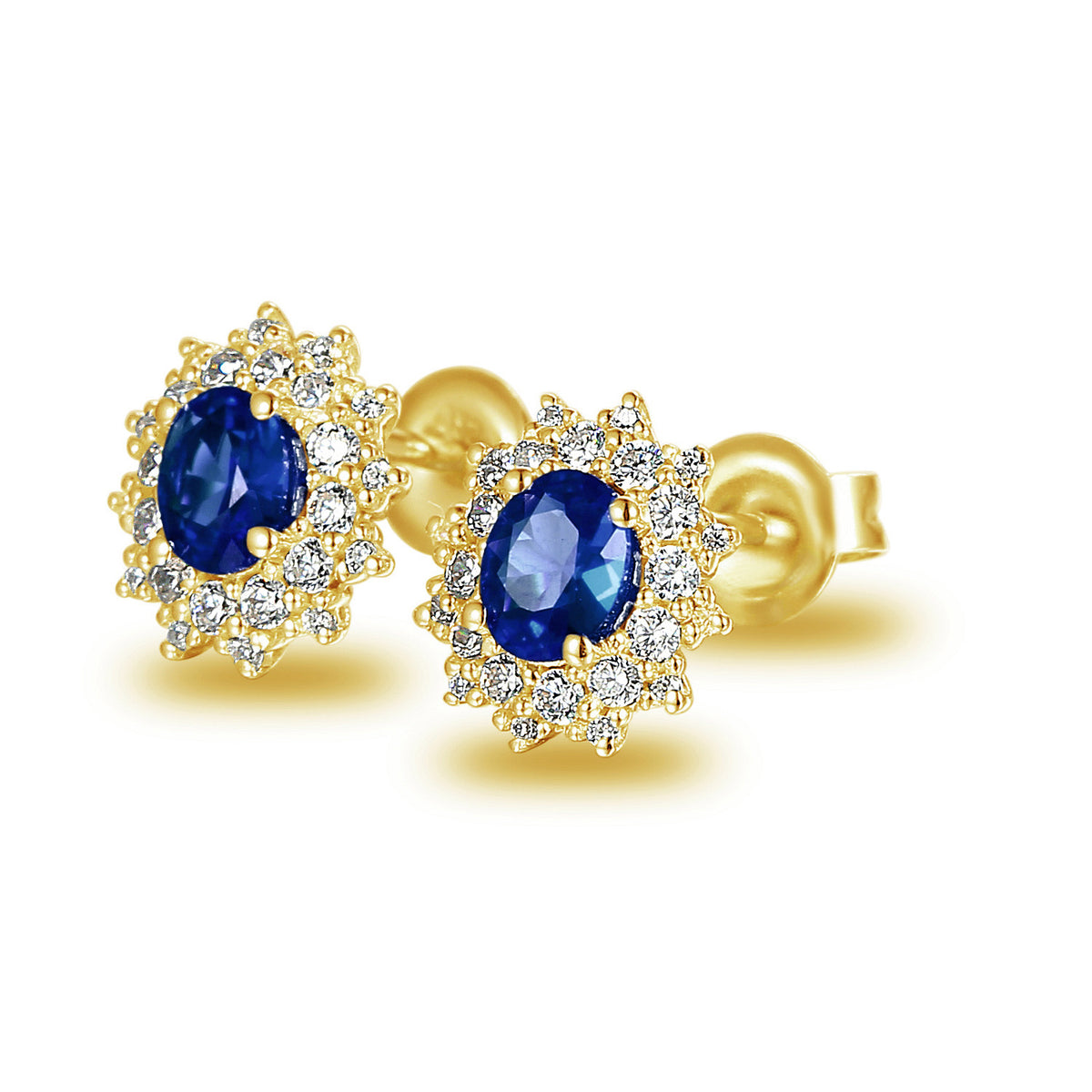 Oval sapphire and diamond cluster earrings in 18k yellow gold