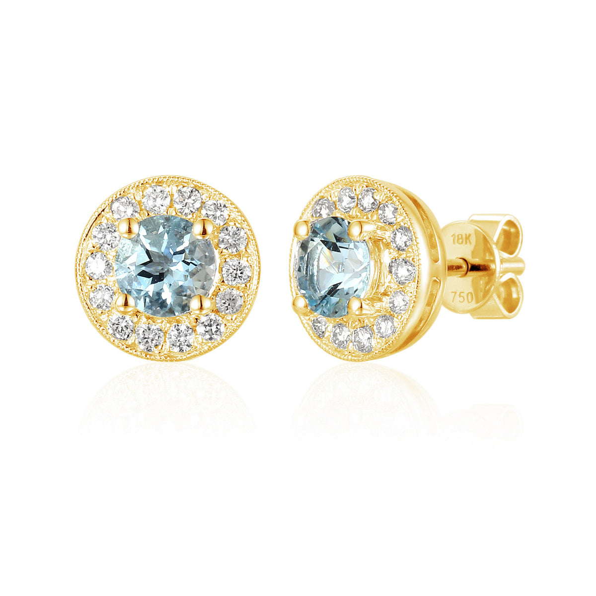 Round aquamarine and diamond milgrain halo earrings in 18k yellow gold