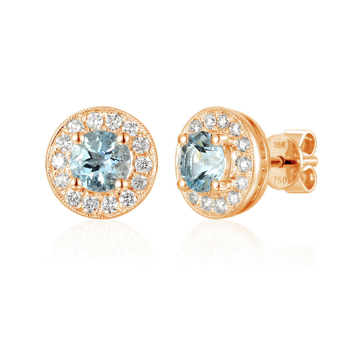 Round aquamarine and diamond milgrain halo earrings in 18k rose gold