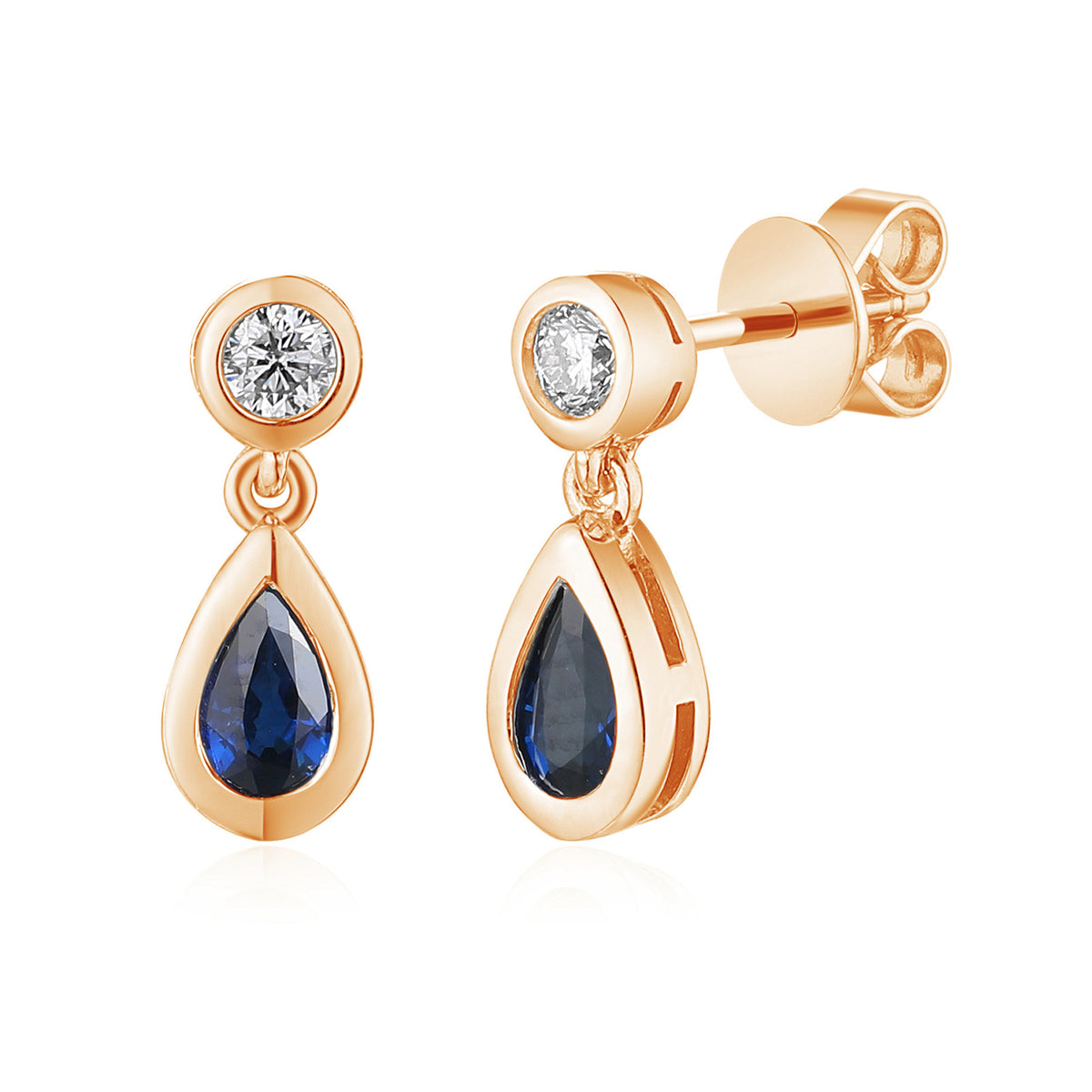 Pear sapphire and diamond rubover drop earrings in 18k rose gold