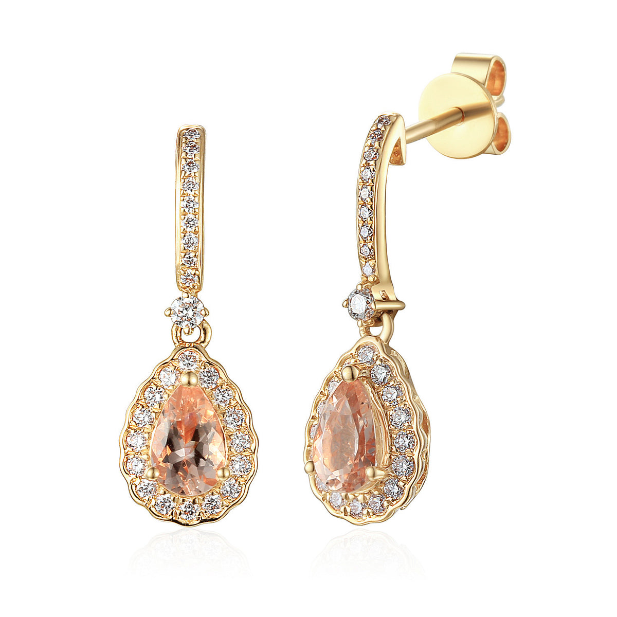 Pear morganite and diamond drop earrings in 18k yellow gold