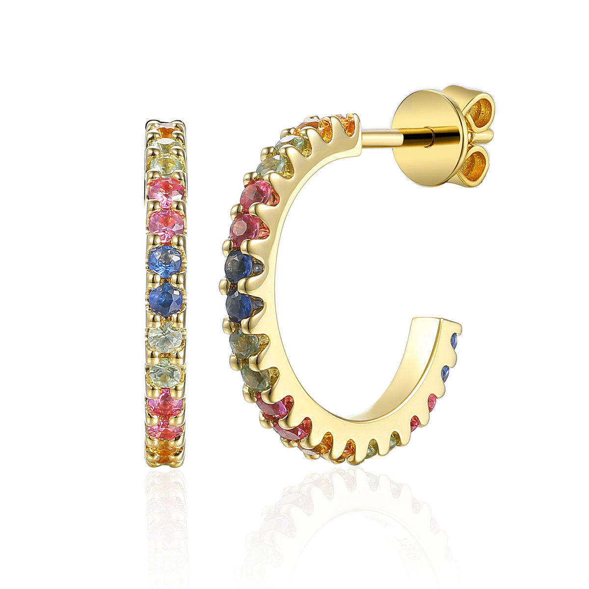 Rainbow sapphire claw set hoop earrings in 18k yellow gold