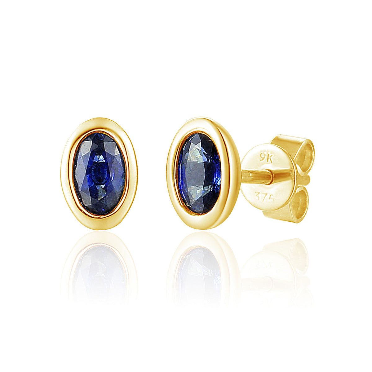 Oval blue sapphire rubover stud earrings in 18k yellow gold