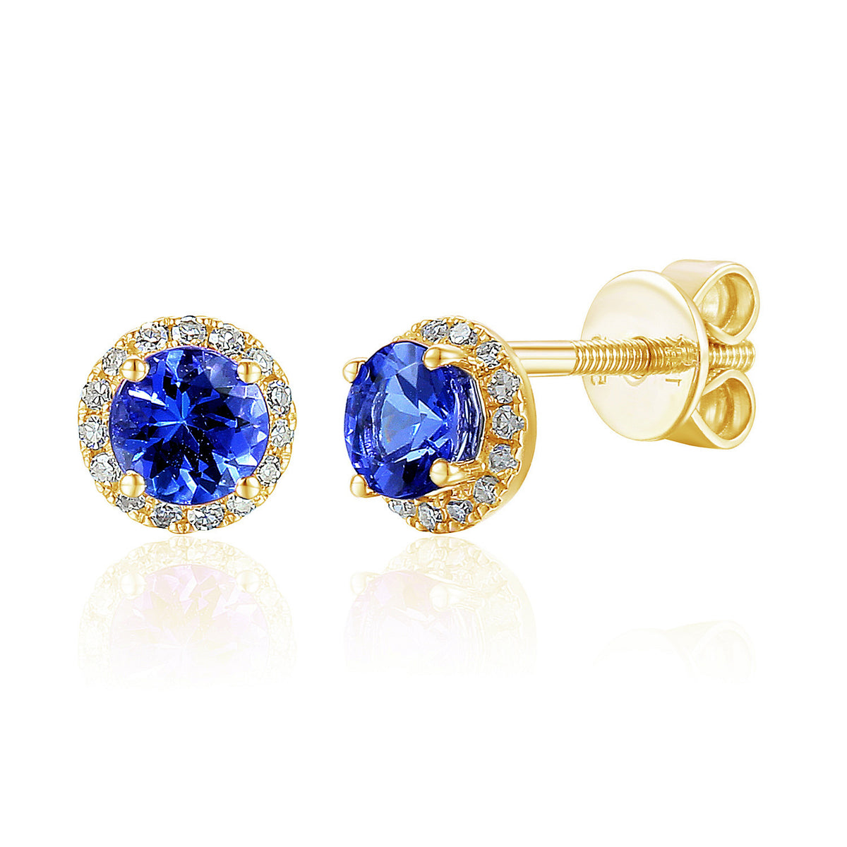 Round tanzanite and diamond halo earrings in 18k yellow gold