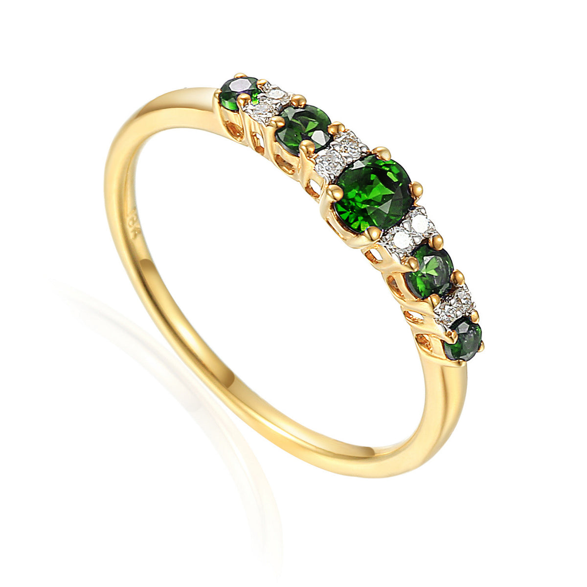 Emerald and diamond graduated five stone ring in 18k yellow gold