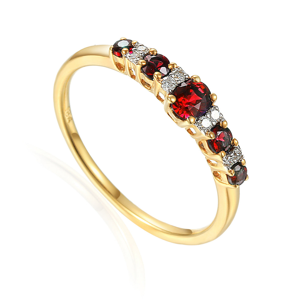 Ruby and diamond graduated five stone ring in 18k yellow gold