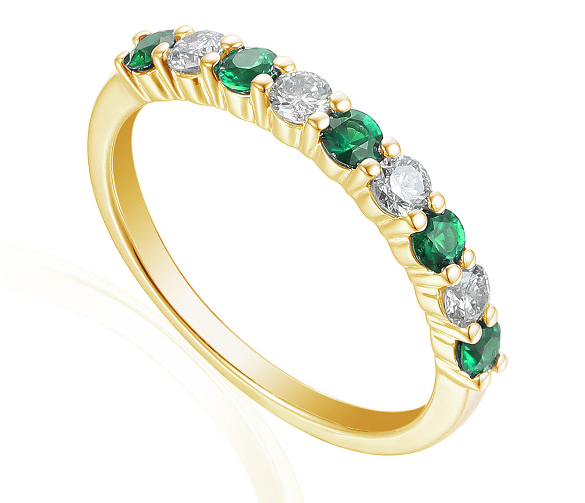 Emerald and diamond half eternity stacking ring in 18k yellow gold