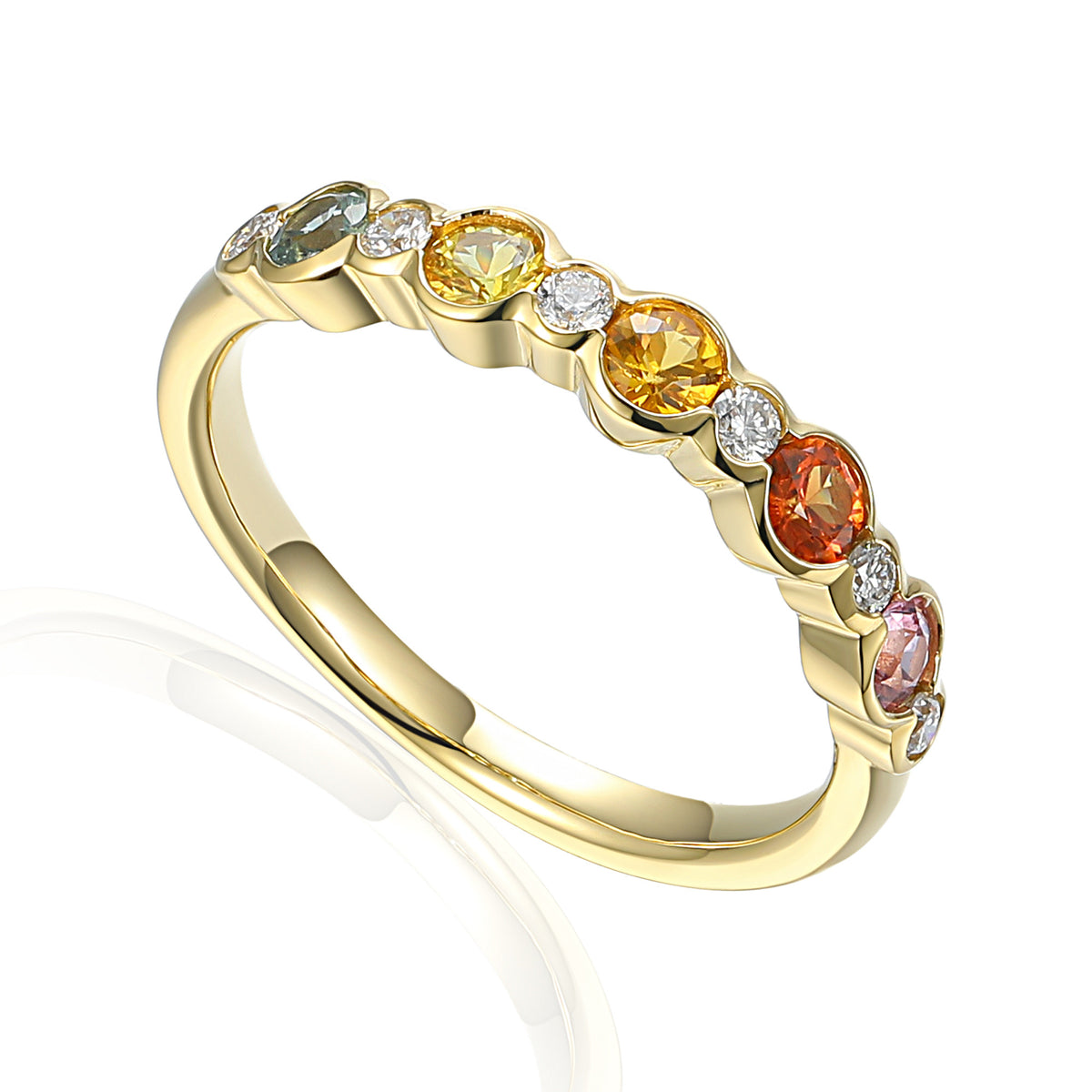 Rainbow sapphire and diamond rubover half eternity ring in 18k yellow gold