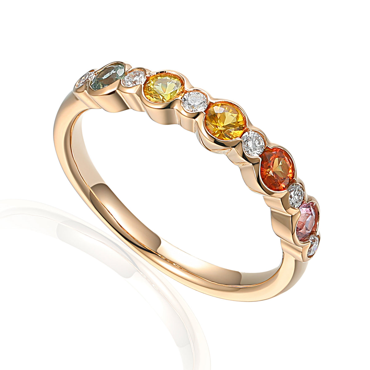 Rainbow sapphire and diamond rubover half eternity ring in 18k rose gold