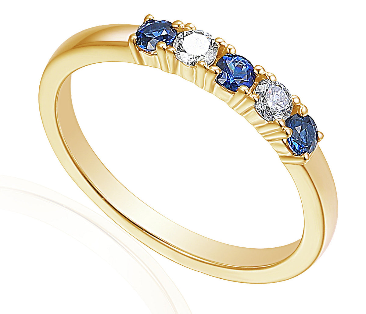 Blue sapphire and diamond five stone ring in 18k yellow gold