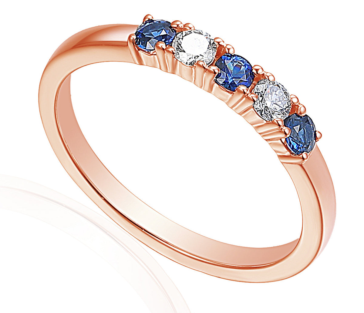 Blue sapphire and diamond five stone ring in 18k rose gold