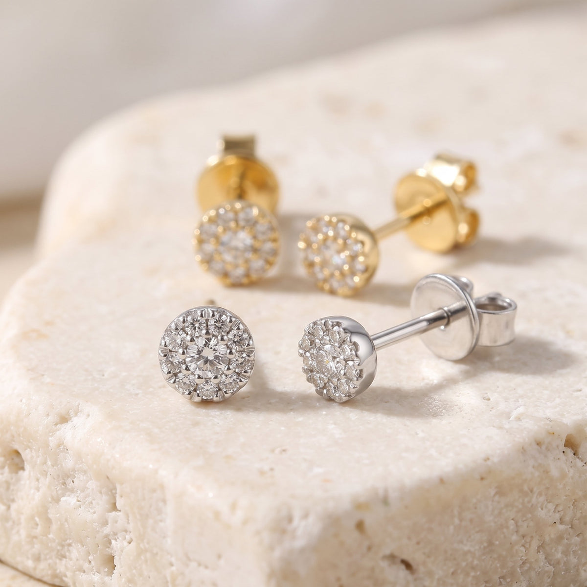 Diamond cluster stud earrings 0.10ct in 18k white and yellow gold