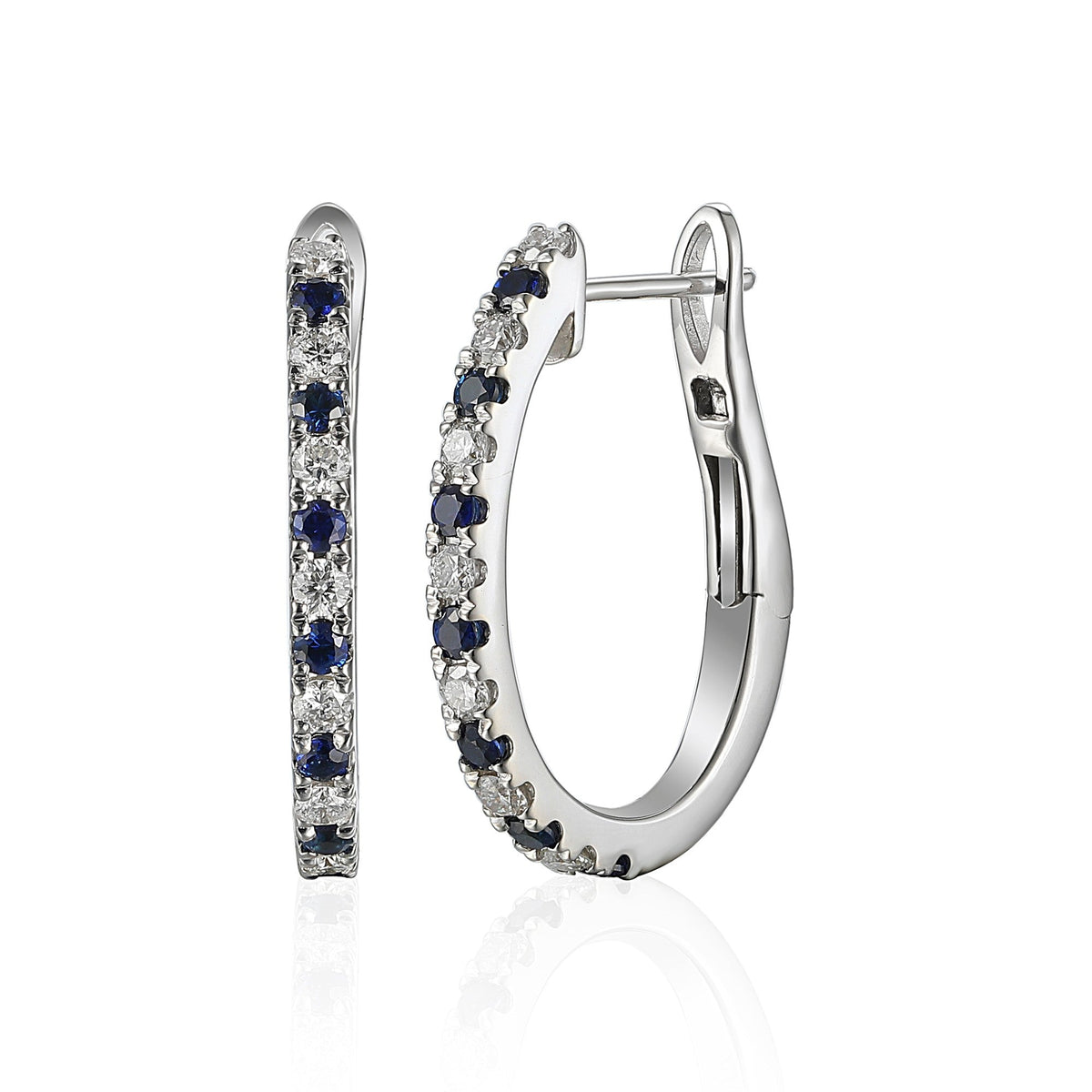 18k White Gold Micro Set Round Blue Sapphire & Round Diamond Huggie Hoop Earrings - The Real Gem