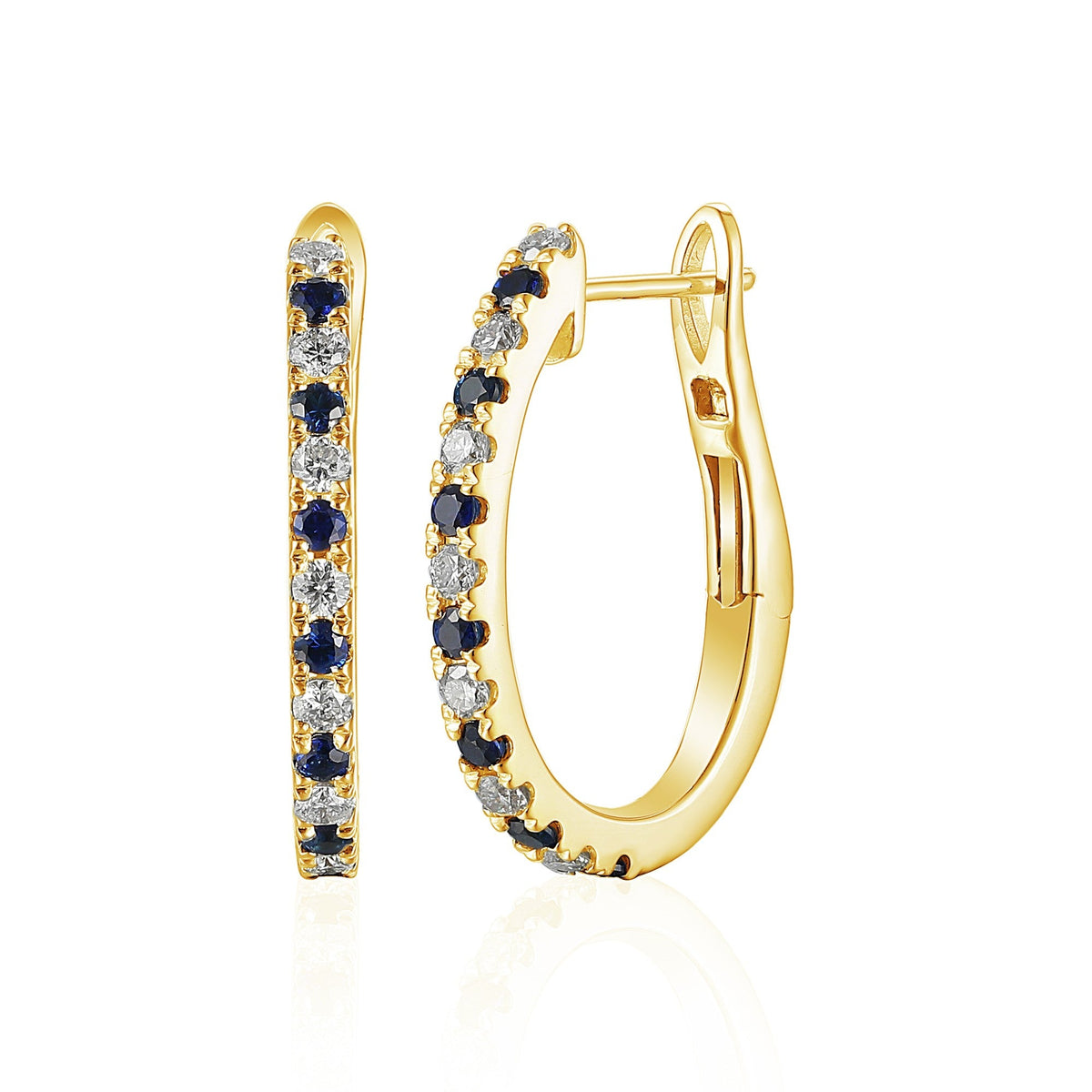 18k Yellow Gold Micro Set Round Blue Sapphire & Round Diamond Huggie Hoop Earrings -The Real Gem