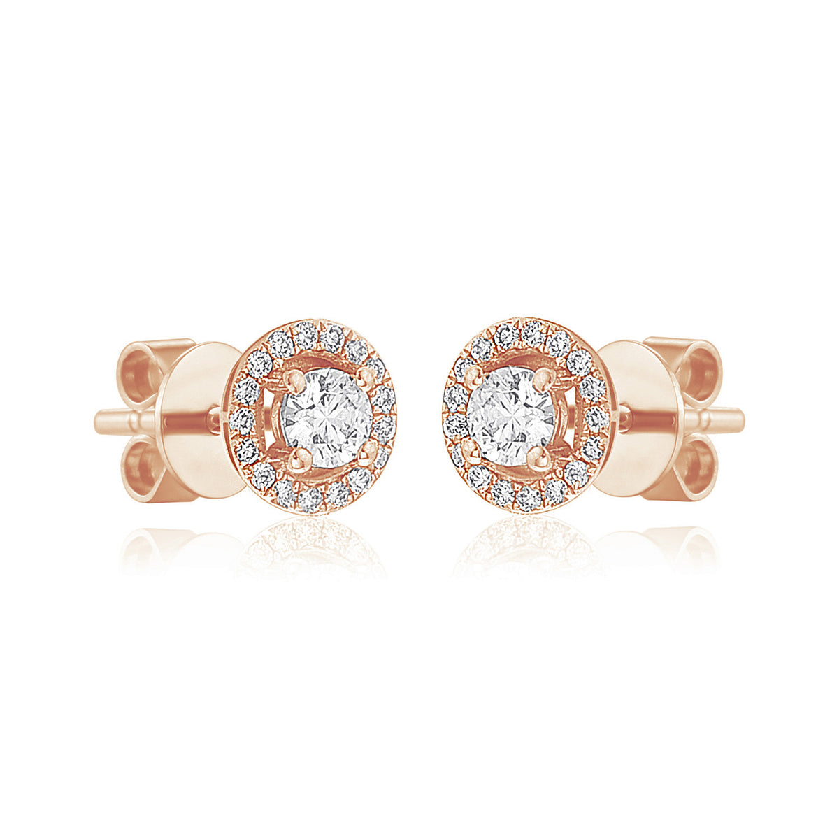 Diamond halo stud earrings in 18k rose gold