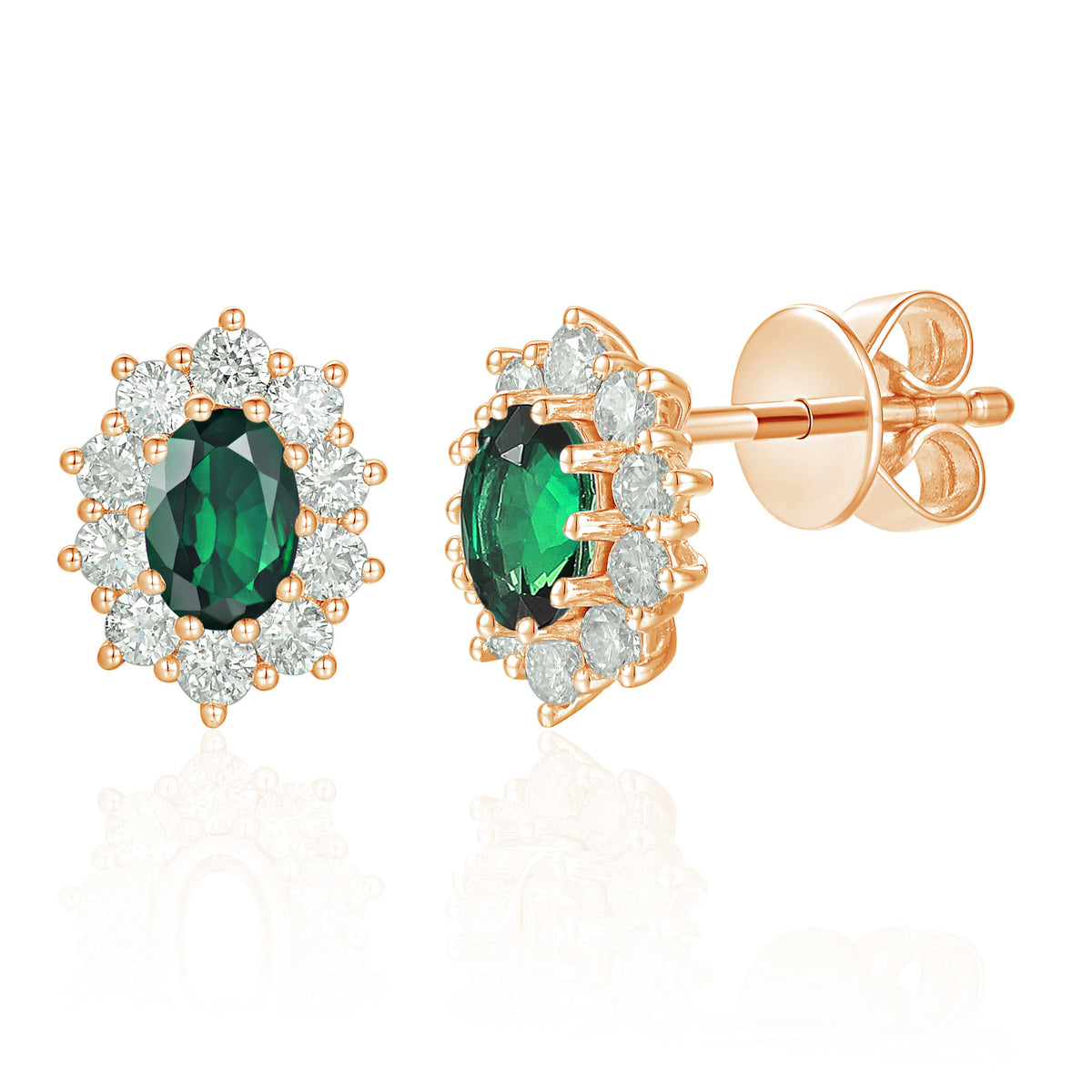 Oval emerald and diamond 0.42ct cluster earrings in 18k rose gold