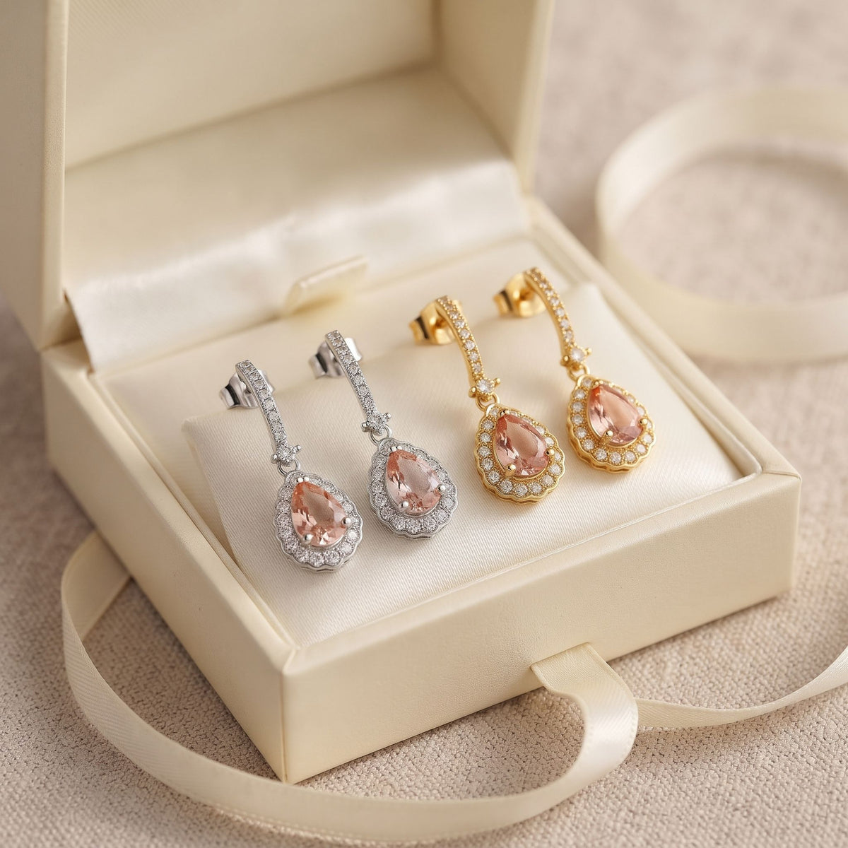 Pear morganite and diamond drop earrings in 18k white gold and 18k yellow gold in an open gift box