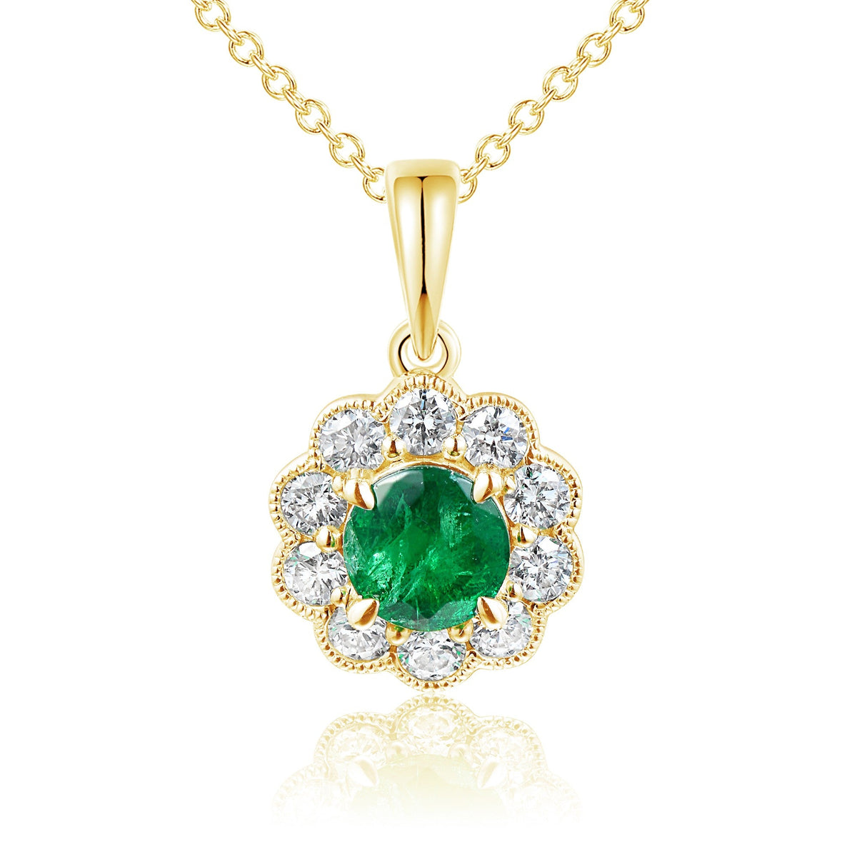Claw Set Round Emerald & Micro Set Round Diamond Halo Pendant – The Real Gem