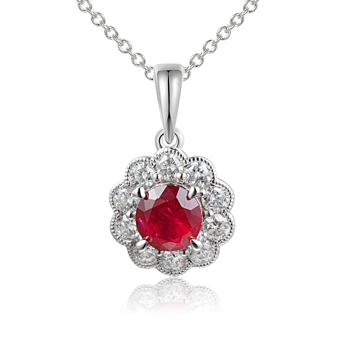 Claw Set Round Ruby & Micro Set Round Diamond Halo Pendant – The Real Gem