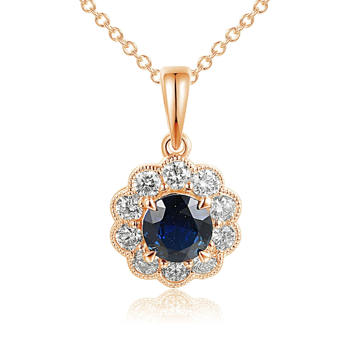 Claw Set Round Sapphire & Micro Set Round Diamond Halo Pendant – The Real Gem