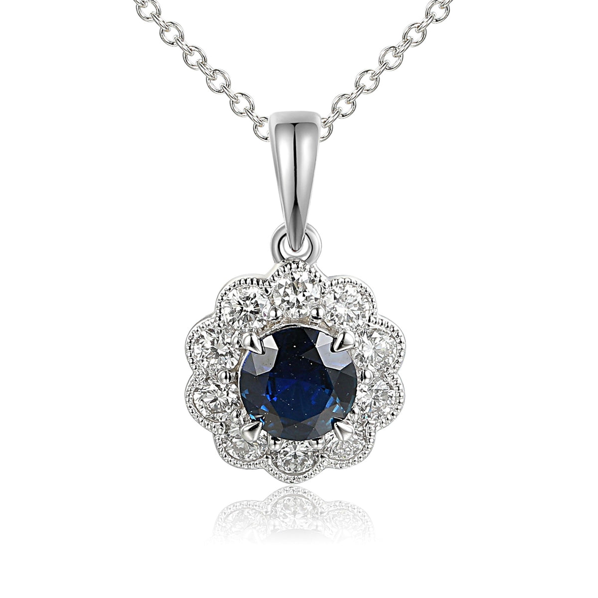 Claw Set Round Sapphire & Micro Set Round Diamond Halo Pendant – The Real Gem