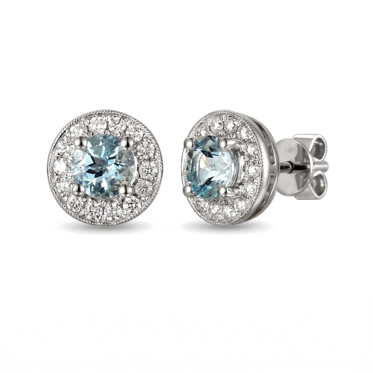 Round aquamarine and diamond milgrain halo earrings in 18k white gold