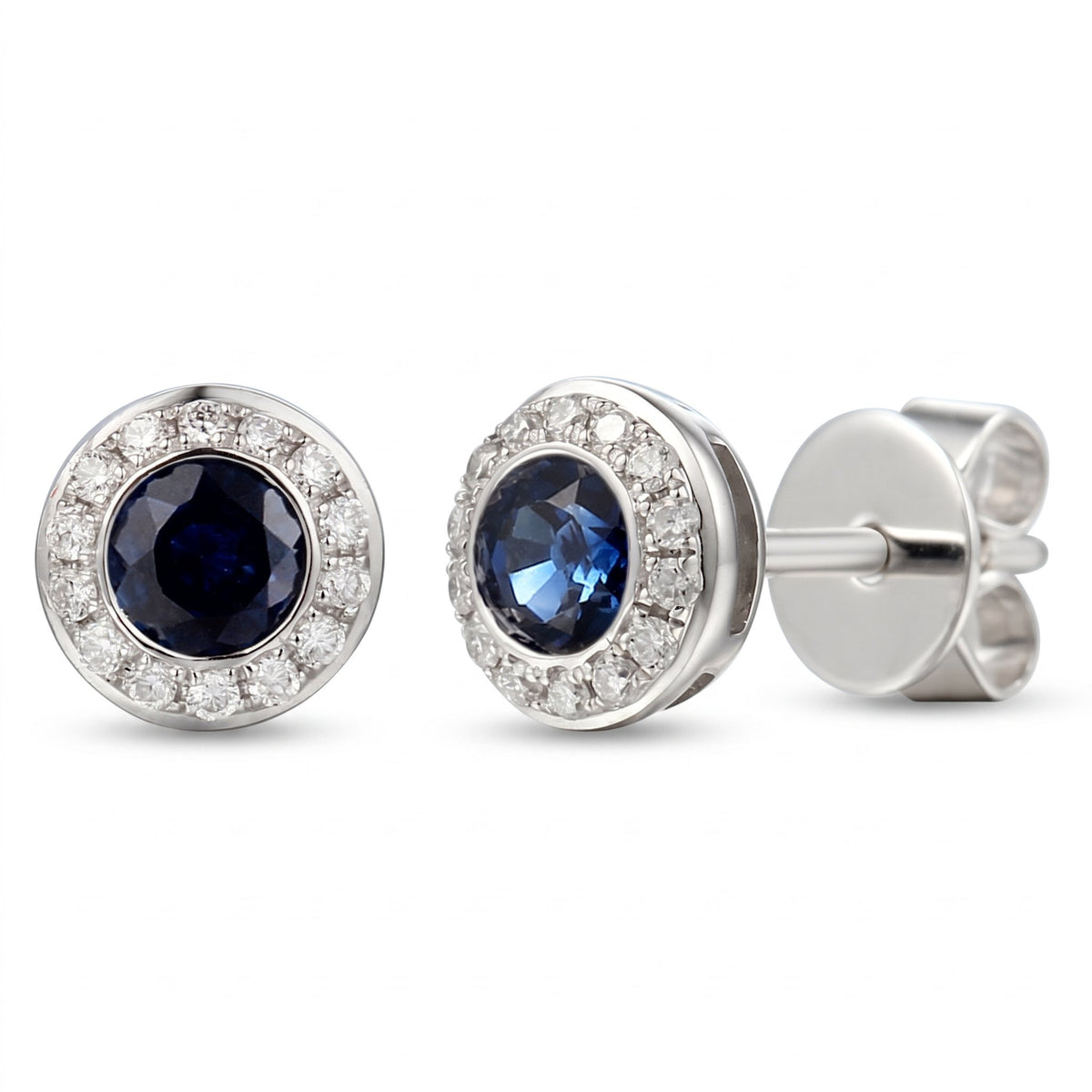 Round sapphire and diamond rubover halo stud earrings in 18k white gold