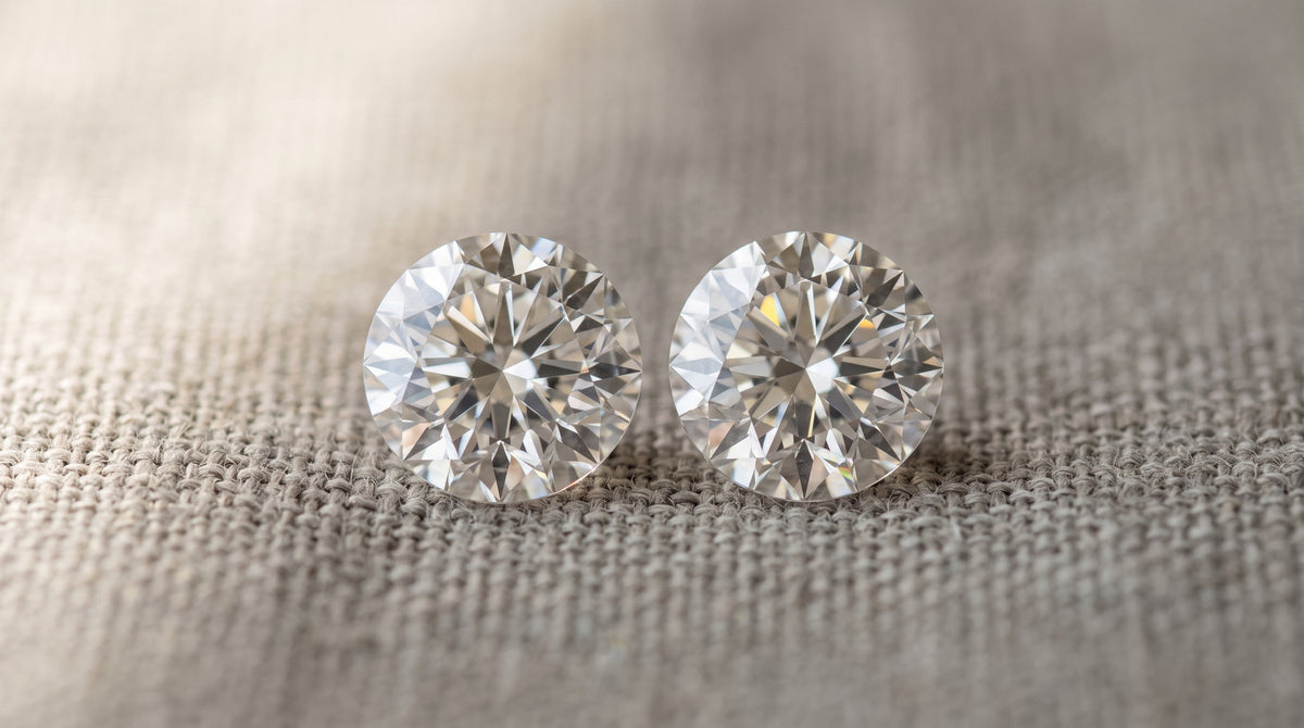 Two round brilliant-cut diamonds side by side on linen