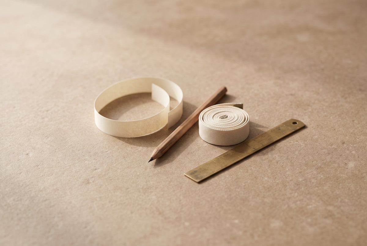 A loop of paper, a pencil, a roll of fabric tape and a brass ruler laid out for measuring ring size at home.
