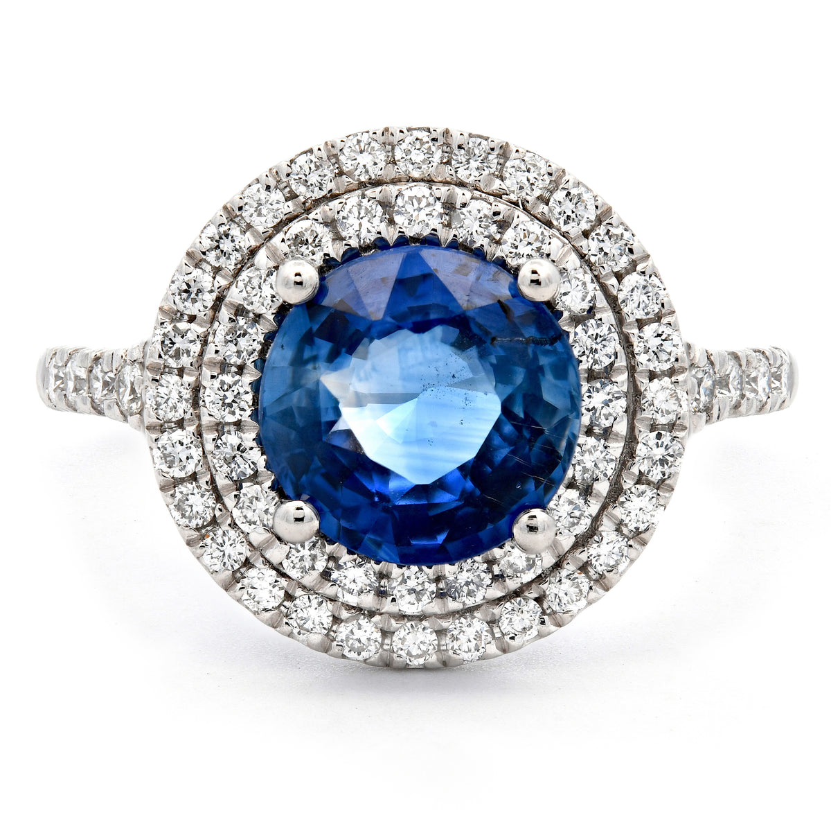 Blue Sapphire 2.07ct & Diamond 0.49ct Double Halo Ring in Platinum