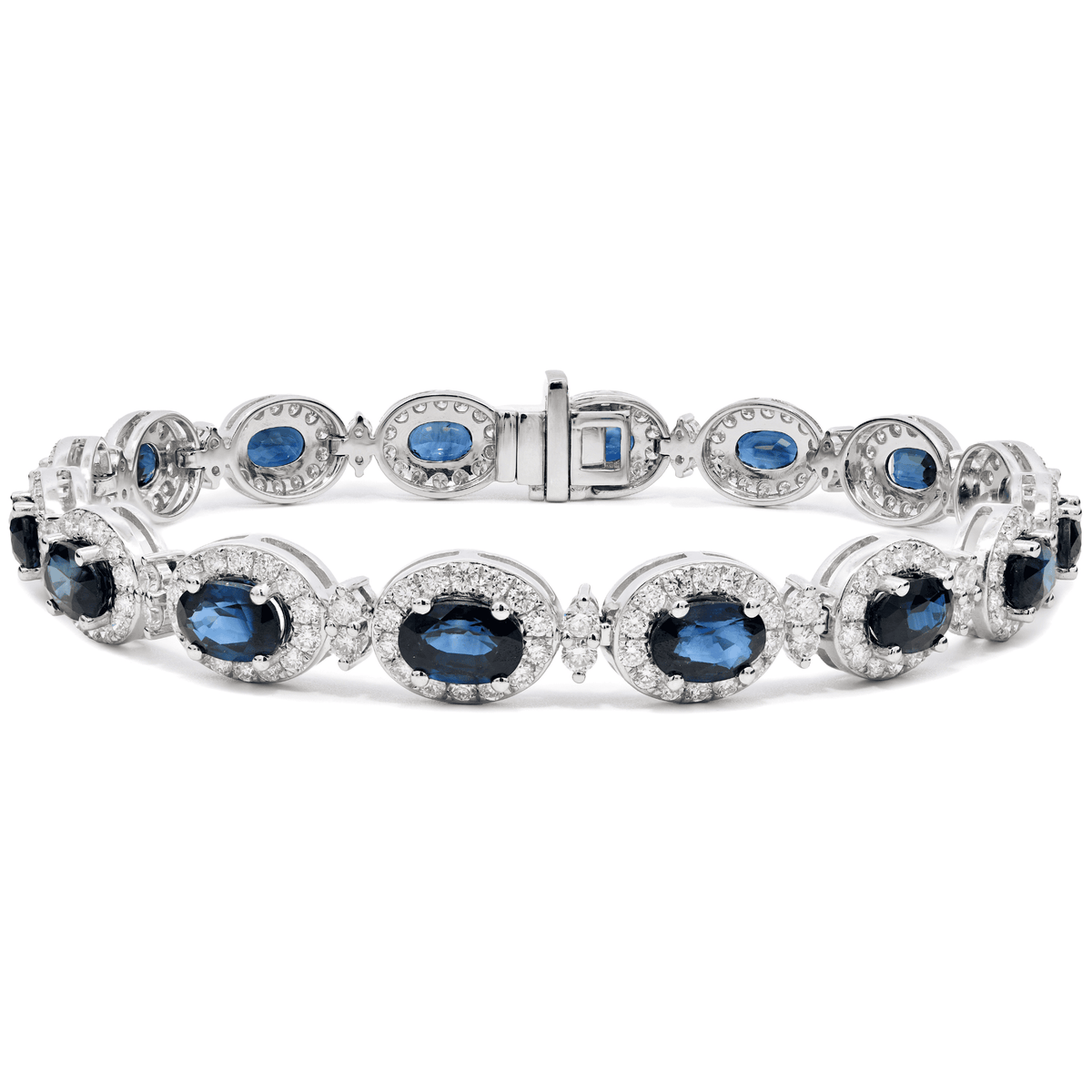 18k White Gold Oval Sapphire & Diamond Halo Tennis Bracelet – The Real Gem