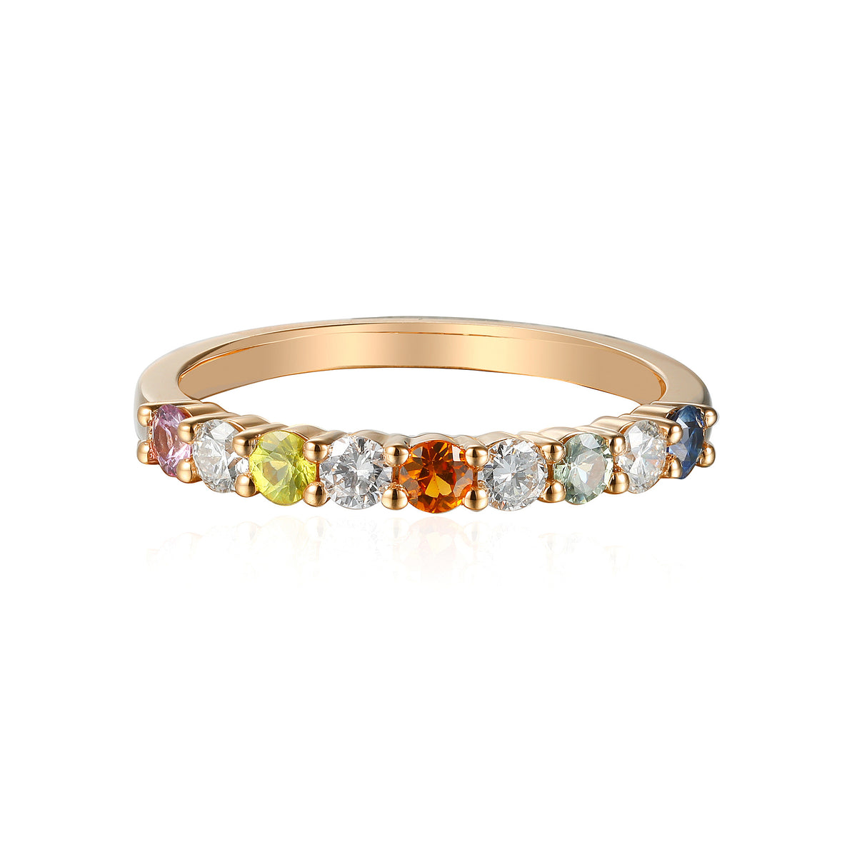 Rainbow sapphire and diamond half eternity stacking ring in 18k rose gold