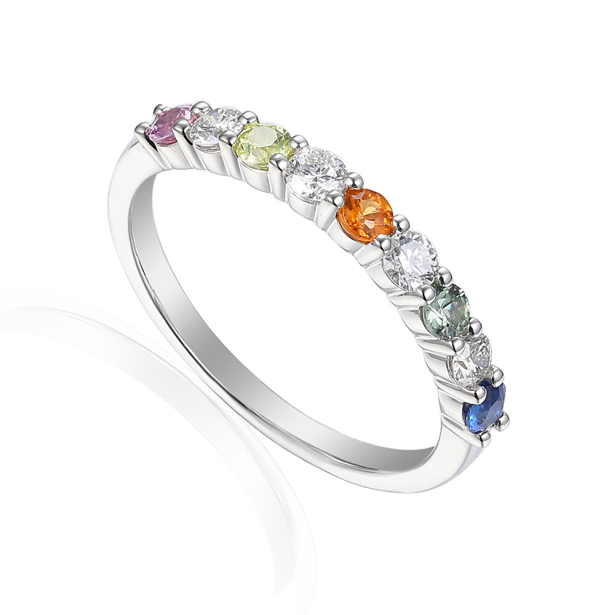 Rainbow sapphire and diamond half eternity stacking ring in 18k white gold