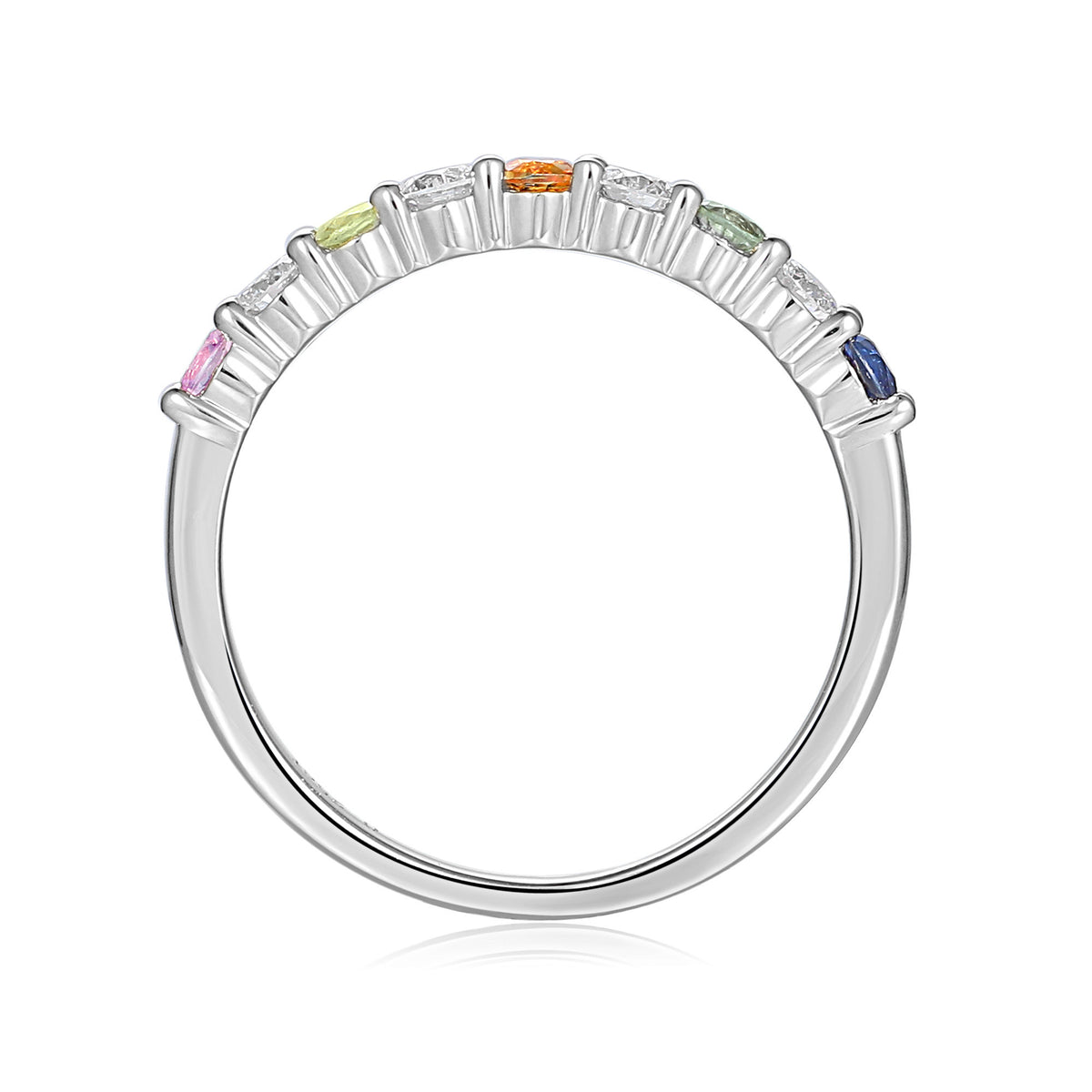 Rainbow sapphire and diamond half eternity stacking ring in 18k white gold