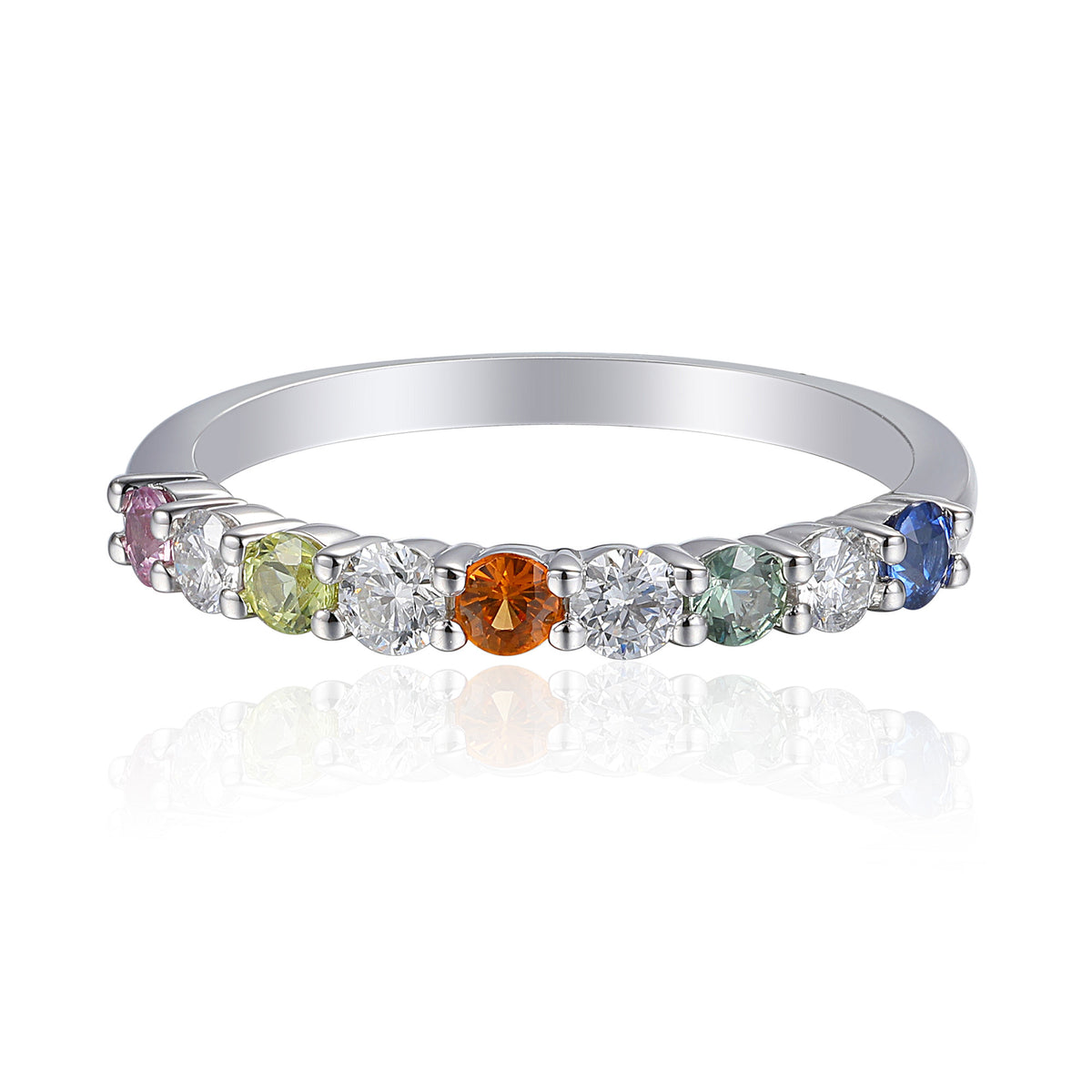 Rainbow sapphire and diamond half eternity stacking ring in 18k white gold