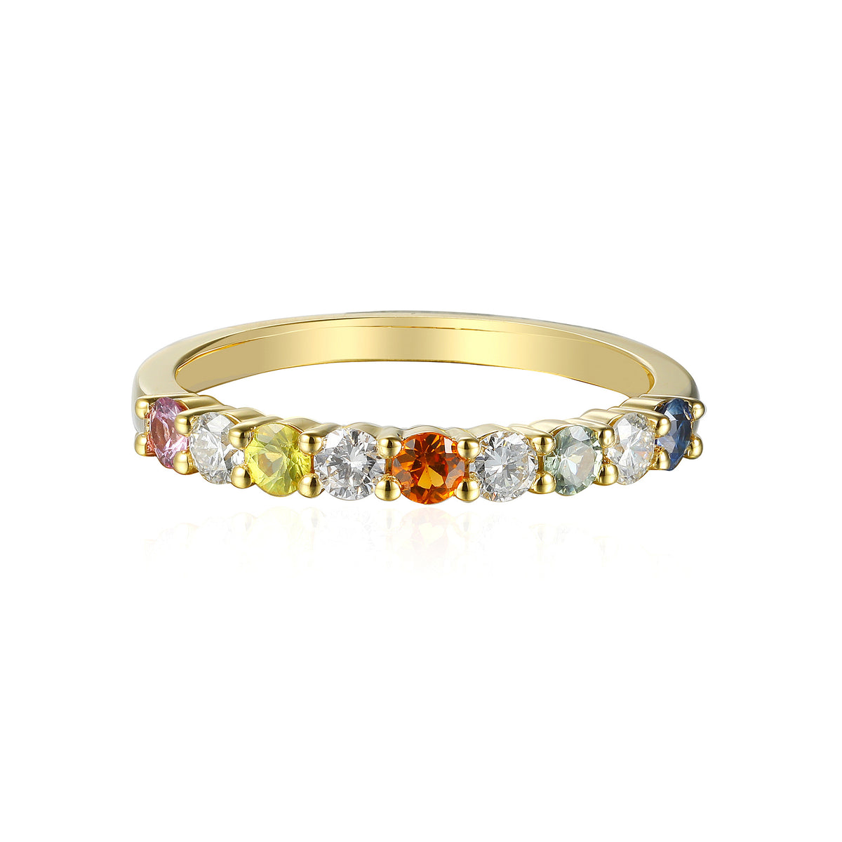 Rainbow sapphire and diamond half eternity stacking ring in 18k yellow gold
