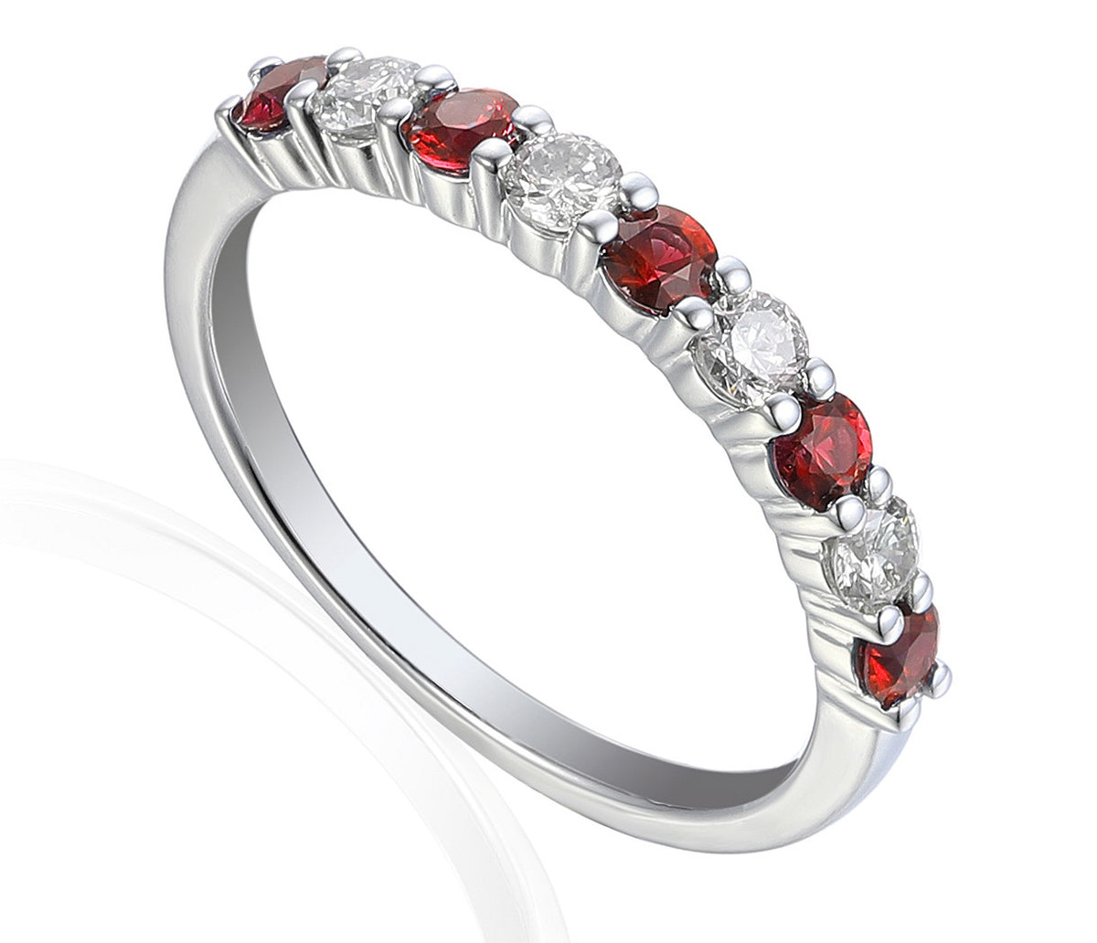 Ruby and diamond half eternity stacking ring in 18k white gold