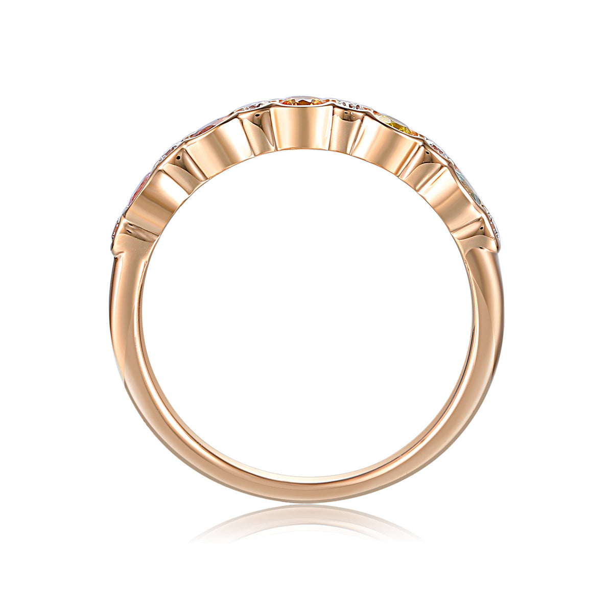 Rainbow sapphire and diamond rubover half eternity ring in 18k rose gold
