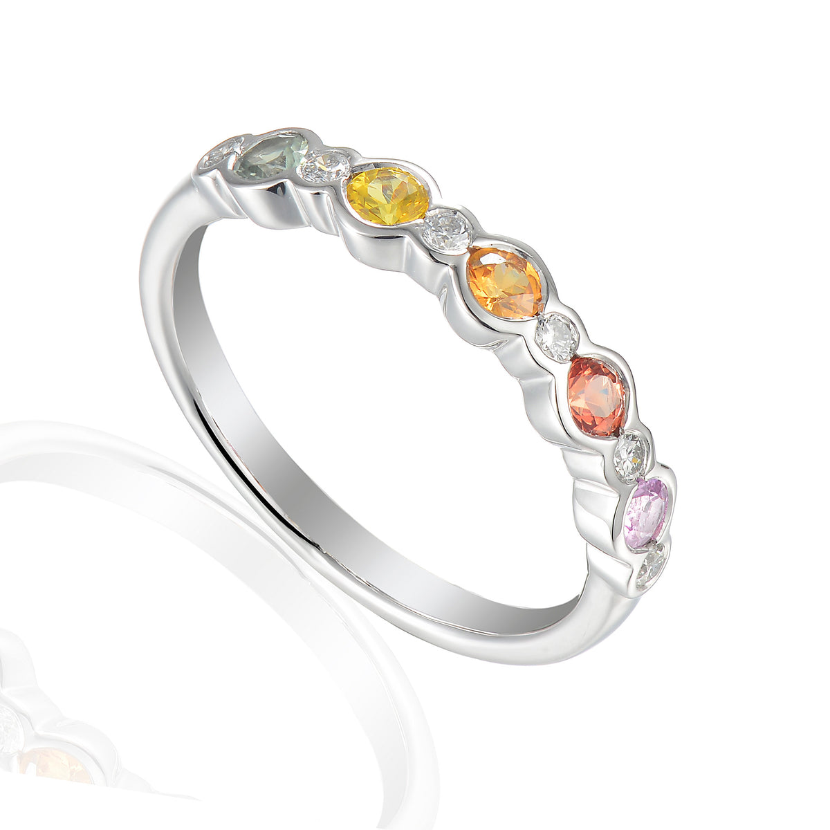 Rainbow sapphire and diamond rubover half eternity ring in 18k white gold