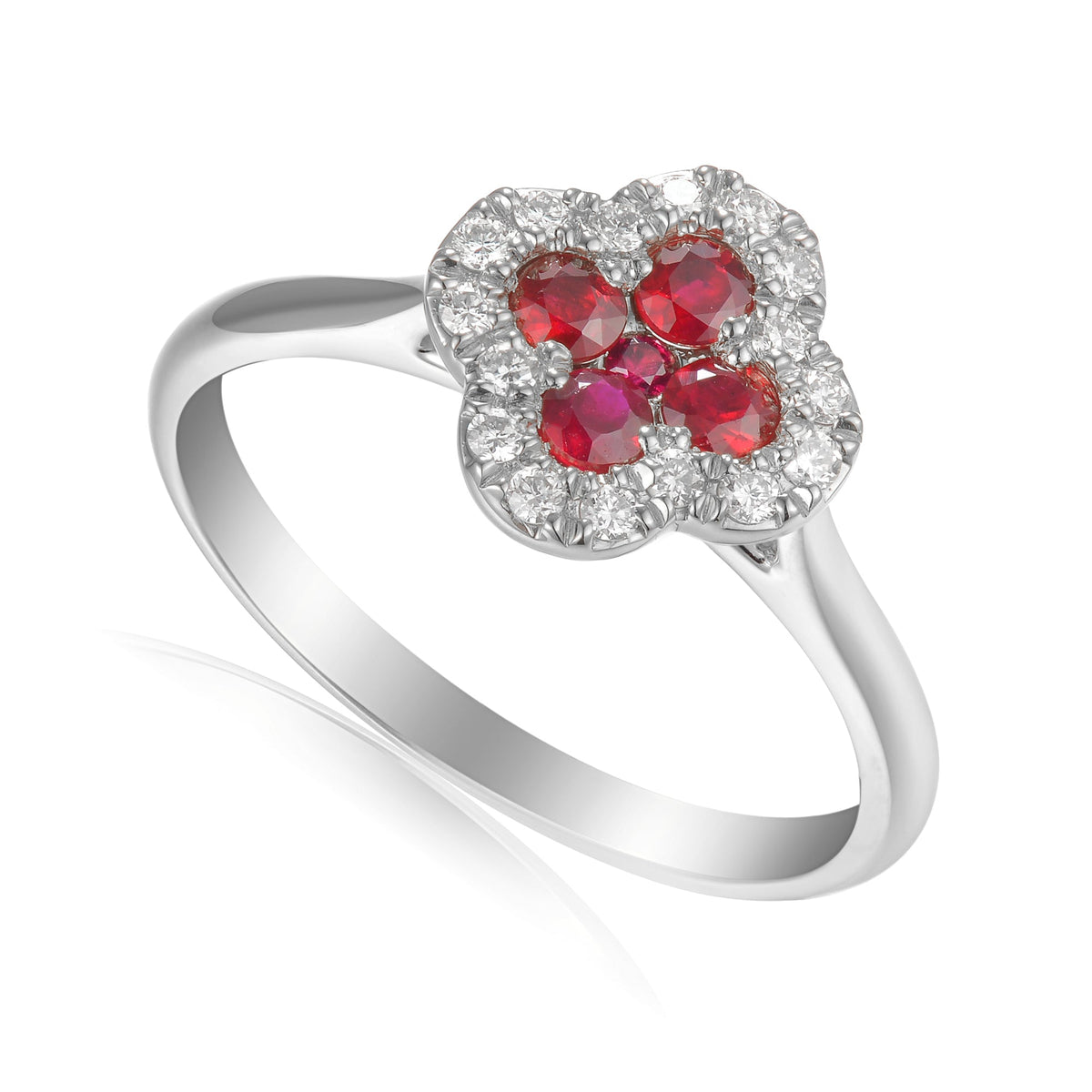 18k White Gold Ruby and Diamond Clover Cluster Ring 0.14ct G/SI - The Real Gem