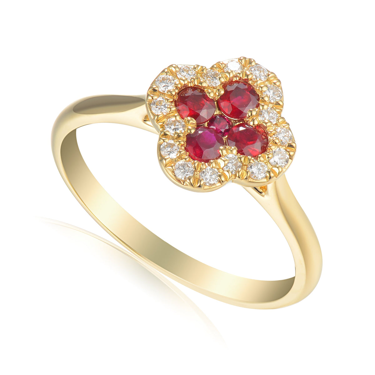 18k Yellow Gold Ruby and Diamond Clover Cluster Ring 0.14ct G/SI - The Real Gem